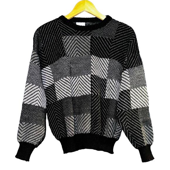 New Fast Long Crop Grandpa Sweater Color Blocked Black Gray Women's Size Medium - Picture 1 of 8